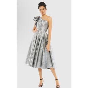 Mac Duggal One Shoulder Bow Midi Metallic Fit & Flare Dress Silver Womens 10 NWT